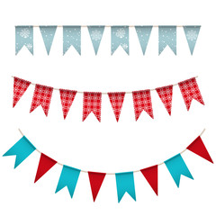 Obraz premium Holiday celebration background with a garland. Bunting flag banner with dots and snowflakes. Christmas and New Year design. Vector illustration.
