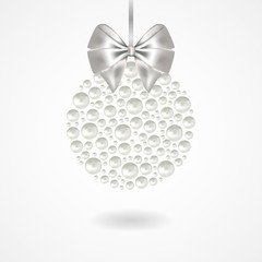 Christmas ball made of pearls. Xmas set of silver pearl decorative balls with silk ribbon and bow for New Year and Christmas design. Vector illustration