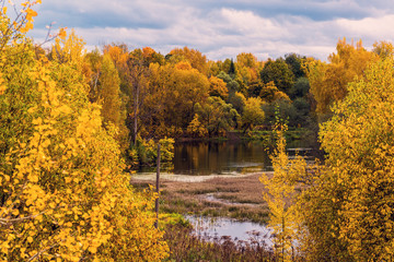 Autumn landscape with a pond in Russia