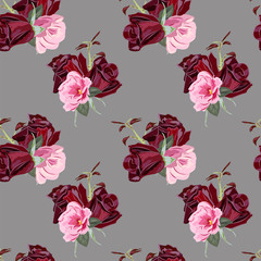 Seamless pattern with beautiful red roses. Vintage floral background for textile, cover, wallpaper, gift packaging, printing.Romantic design for calico, silk, home textiles.