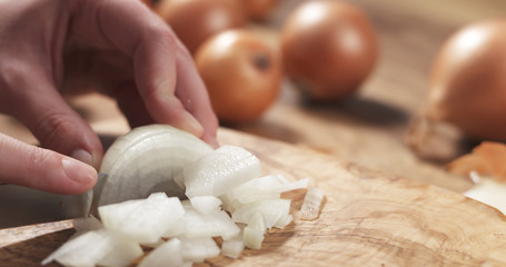 young female hands slicing white onion