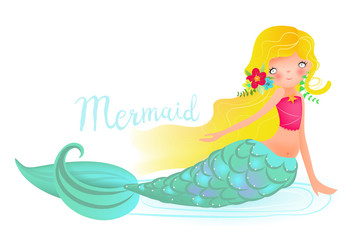 Obraz na płótnie Canvas Cute and beautiful little mermaid, sirene with blond hairs with flowers wreath, blue glowing fish tail and open eyes. Child's illustration, mermaid print, background. Vector illustration