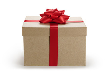brown craft gift box with red ribbon bow isolated on white