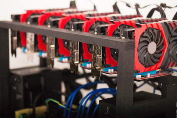 Cryptocurrency background (mining rig), Close up of array of GPUs for mining rig machine to mine...