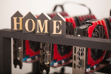 Cryptocurrency background (mining rig), Close up of array of GPUs for mining rig machine to mine for digital cryptocurrency such as bitcoin, ethereum and other altcoins.