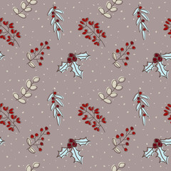 Fototapeta na wymiar Christmas seamless pattern leave, Christmas branch tree for holly jolly celebration, decorated wallpaper scrapbook wrapping paper for season greeting in brown, red and brown gray background.