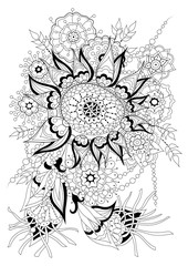 Fototapeta premium Hand drawn backdrop. Coloring book, page for adult and older children. Black and white abstract floral pattern. Vector illustration. Design for meditation.