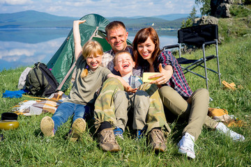 Happy family hiking