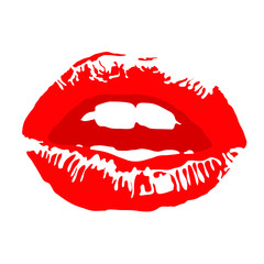lips. Red lipstick kiss with teeth on white background. Realistic vector illustration. Image trace.