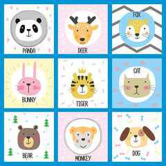 Cute cartoon cards with domestic and wild animals,