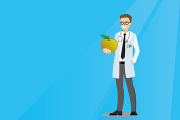 Doctor male holding apple,healthy eating,place for text,