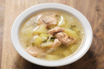 closeup fish soup with trout in bowl