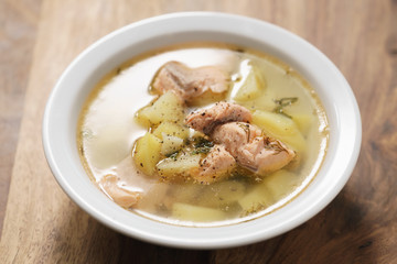 closeup fish soup with trout in bowl
