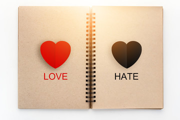 Relationship in love and hate word on Vintage recycle Sketchbook with white background
