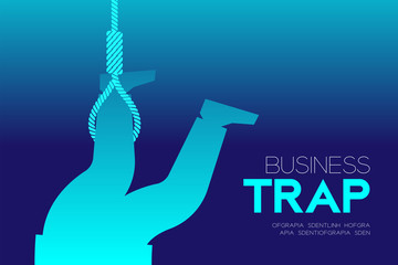 Business Trap Design horizontal set, Businessman trapped by lasso concept idea illustration isolated on blue gradient background, and Business Trap text with copy space