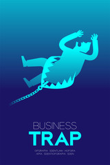 Business Trap Design vertical set, Businessman trapped concept idea illustration isolated on blue gradient background, and Business Trap text with copy space