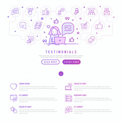Testimonials and quote concept. Template of web page. Marketer is working on laptop with thin line icons of review, feedback, survey, comment. Vector illustration.