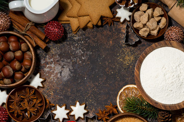 dark background with ingredients for Christmas baking