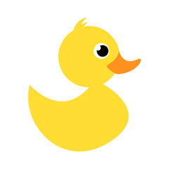 Rubber duck or ducky bath toy flat color icon for apps and websites. Simple yellow fluffy small duck. Cute rubber floating graphic for children