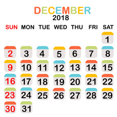 Colored December 2018 calendar