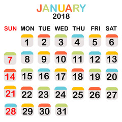 Colored January 2018 calendar