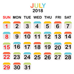 Colored July 2018 calendar
