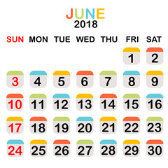 Colored June 2018 calendar