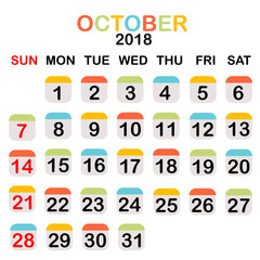 Colored October 2018 calendar