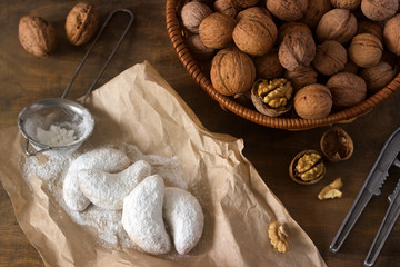 Vanilkipferl - vanilla crescents, traditional Christmas cookies in Germany, Austria, Czech Republic. Homemade cookies.