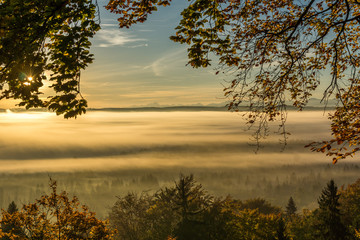 Blick von Schlederloh über das herbstliche Isartal im Morgenlicht