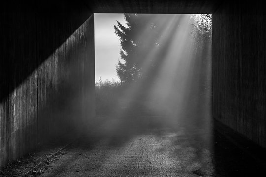 Mystisch scheinen die Lichtstrahlen in den dunklen Tunnel