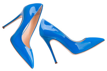 Blue lacquered high-heeled shoes - obrazy, fototapety, plakaty