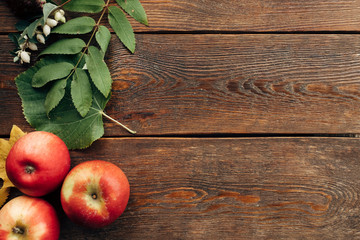 Juicy autumn harvest and leaves on the wood surface. Fall background.