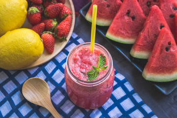 Watermelon juice blends healthy juice helps to lose weight. And refreshing the body, water, watermelon and strawberry blended together and lemon flavor.
