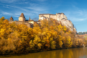 The medieval Orava Castle over a river, central Europe, Slovakia.