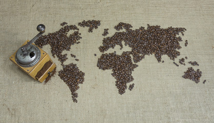 Kaffee, Weltkarte, Kaffeemühle