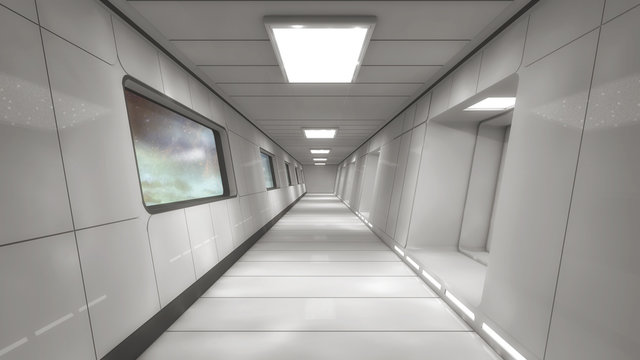 3d rendering. Modern and futuristic spaceship corridor