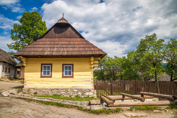 An ancient colorful house in the Vlkolinec village, Slovakia, Europe.