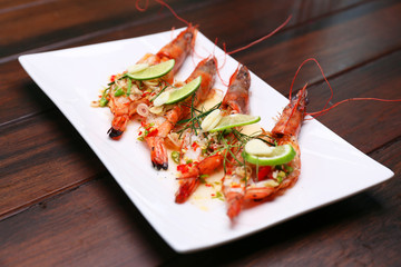 Grilled Spicy River Prawn with lime garlic and lemongrass, Selective focus