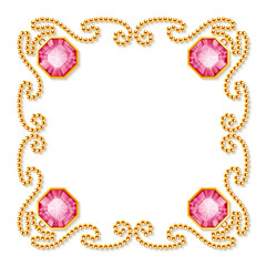 Decorative frame with golden chains and gemstones. Luxury invitation or greeting card template. Vector Illustration.