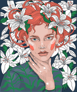  vector beautiful red-haired girl on the background of blooming lilies