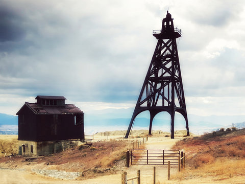 Old mining headframes in a huge copper mine, Butte, Montana, United States