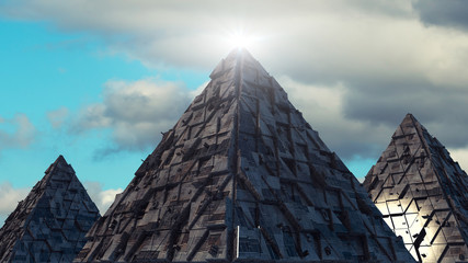 Fototapeta na wymiar 3d rendering. Pyramids and futuristic structures