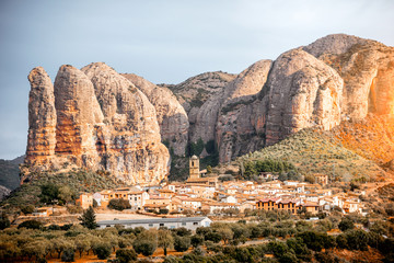 Landscape view on Aguero village with cliffs located in the province of Huesca in Spain
