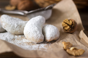 Vanilkipferl - vanilla crescents, traditional Christmas cookies in Germany, Austria, Czech Republic. Homemade cookies.