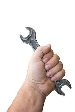 Wrench in male hand isolated on white background