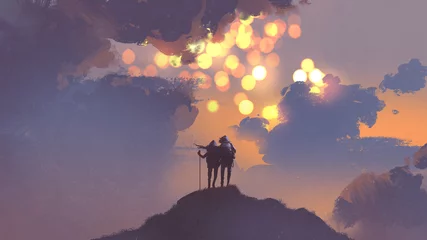  couple of hikers on top of mountain looking at many suns in the sky, digital art style, illustration painting © grandfailure
