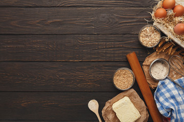 Cooking ingredients for dough background with copy space