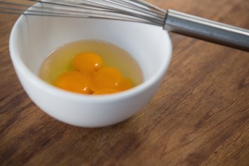 Close up of egg in bowl with wire whisk