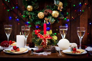 Traditional dishware on Christmas table.